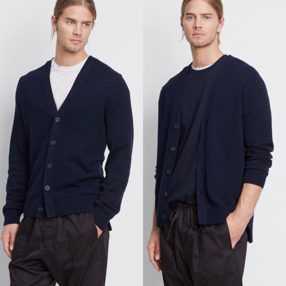 Mens Vince Split Hem Navy Blue Cardigan Sweater S Cotton Cashmere Ribbed Hi Low